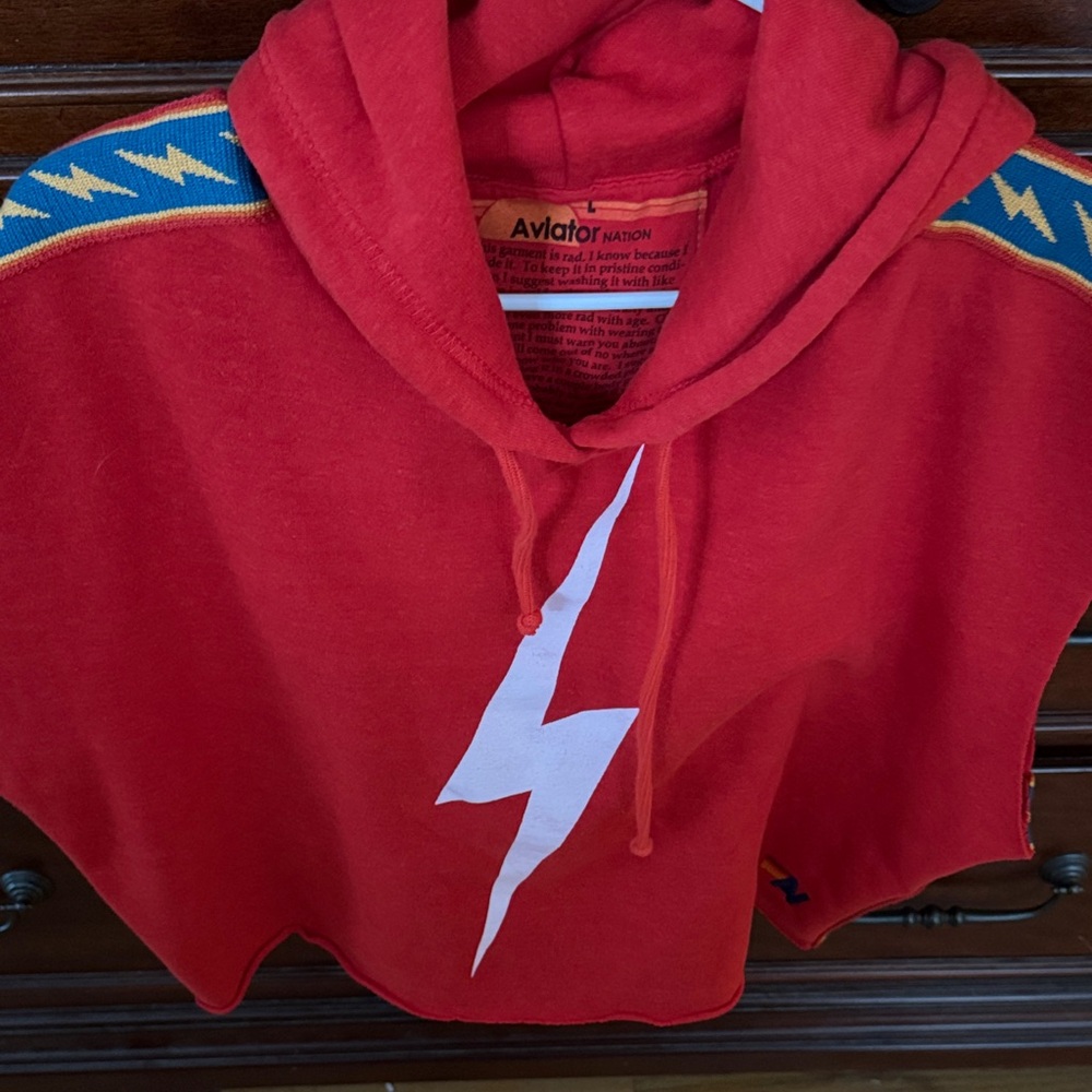 Aviator Nation Red Hoodie Top with White Lightning Bolt - Picture 2 of 2